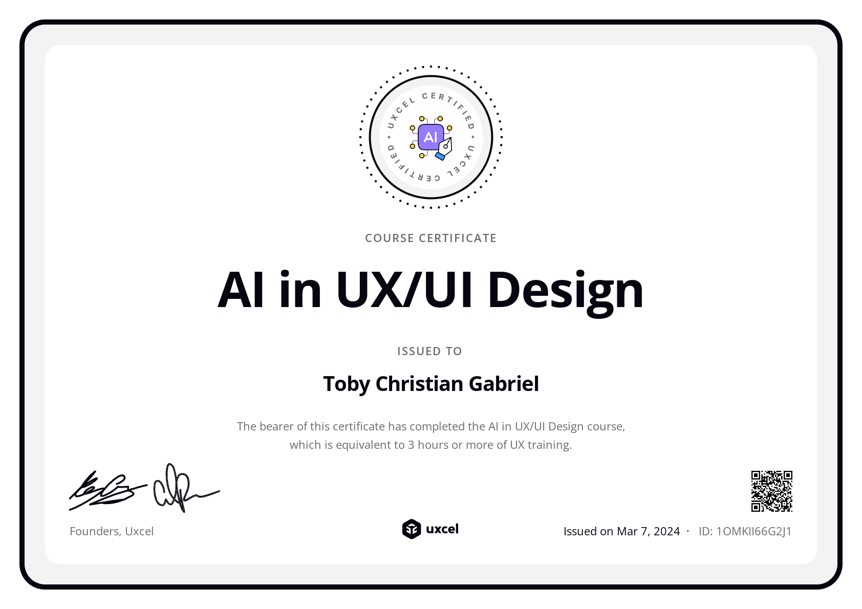 Toby Christian Gabriel's certificate